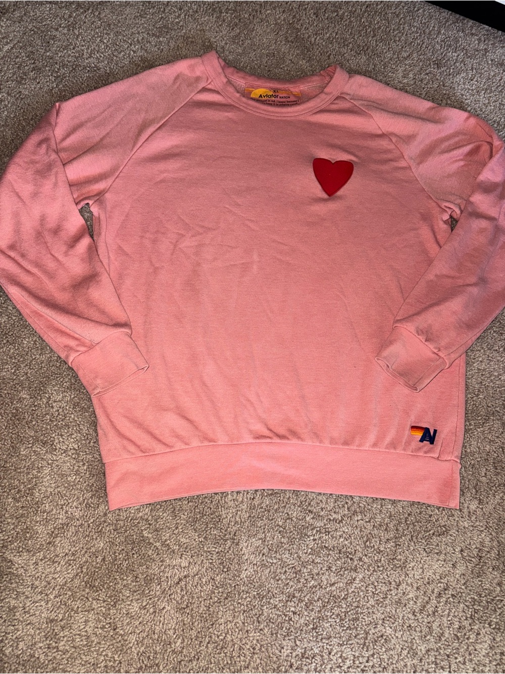 Aviator Nation Pink Crewneck Sweatshirt with Red Heart Patch